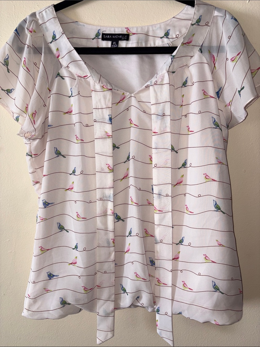 Sara Michelle White Bird-Print Tie-Front Blouse with Pink & Blue Accents